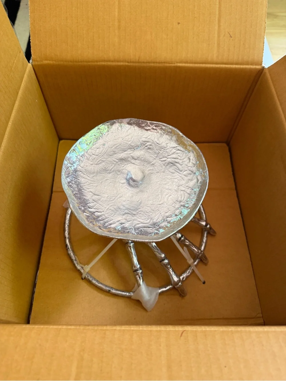 NIB POTTERY BARN SILVER SKELETON HAND CAKE PLATTER PEDESTAL SERVER HALLOWEEN